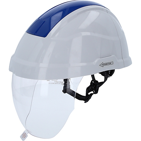 Casque de sécurité blanc avec bande bleue, visière transparente et jugulaire.